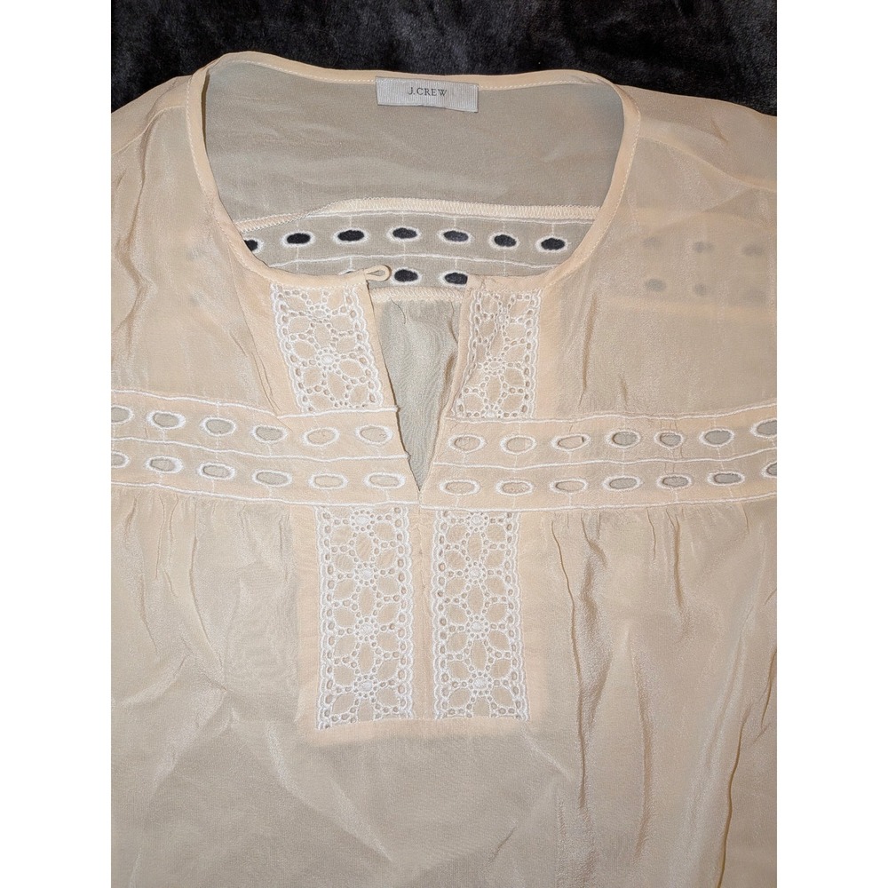 J Crew 100% Silk Cream Eyelet BOHO Popover Tunic Top Shirt Blouse S Beachy Euro - Picture 2 of 8
